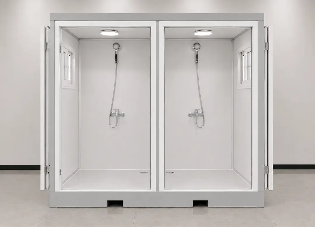 Módulo de doble ducha con dos cabinas independientes, revestimiento blanco y ventilación