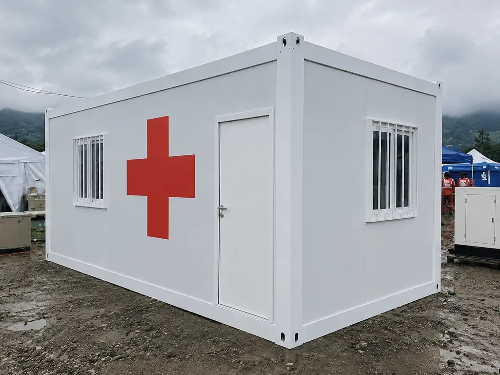 Módulo de emergencia blanco con cruz roja instalado en campamento de rescate