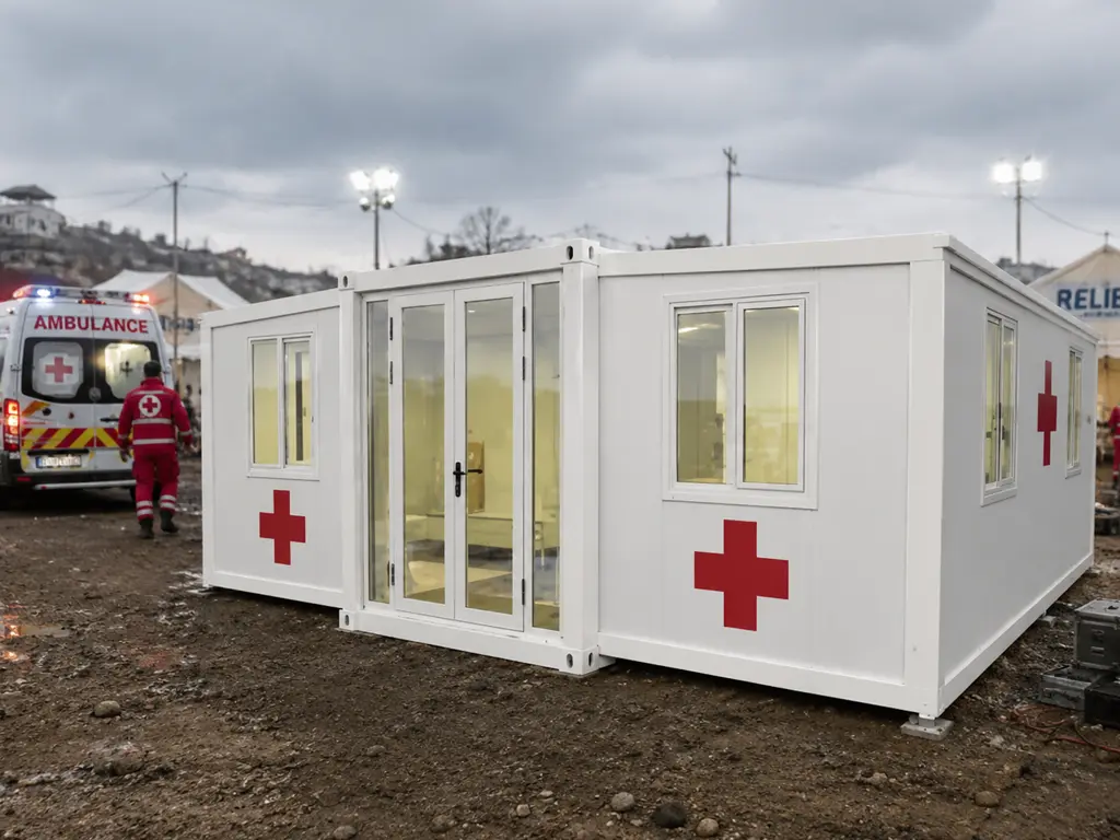 Módulo de emergencia blanco con cruz roja junto a ambulancia y personal de rescate